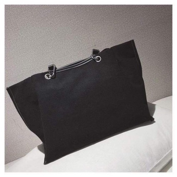 Black Canvas Tote Bag Handbag Over Shoulder Straps - Picture 2 of 9